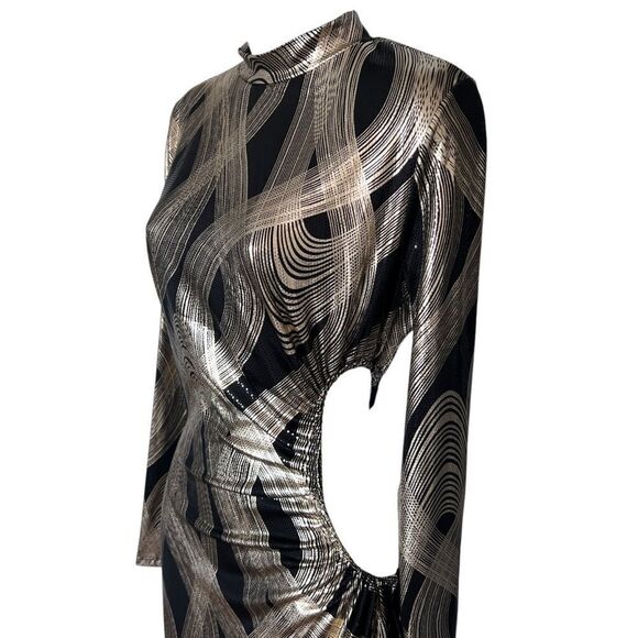 K TOO Vintage Metallic Black Gold Print Long sleeves Dress - Size L - Picture 6 of 10